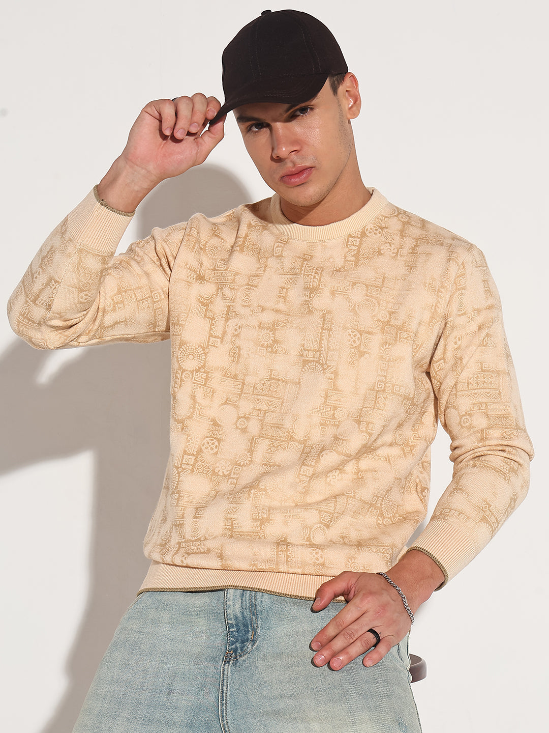 Men's Abstract Beige Ribbed Round Neck Sweater