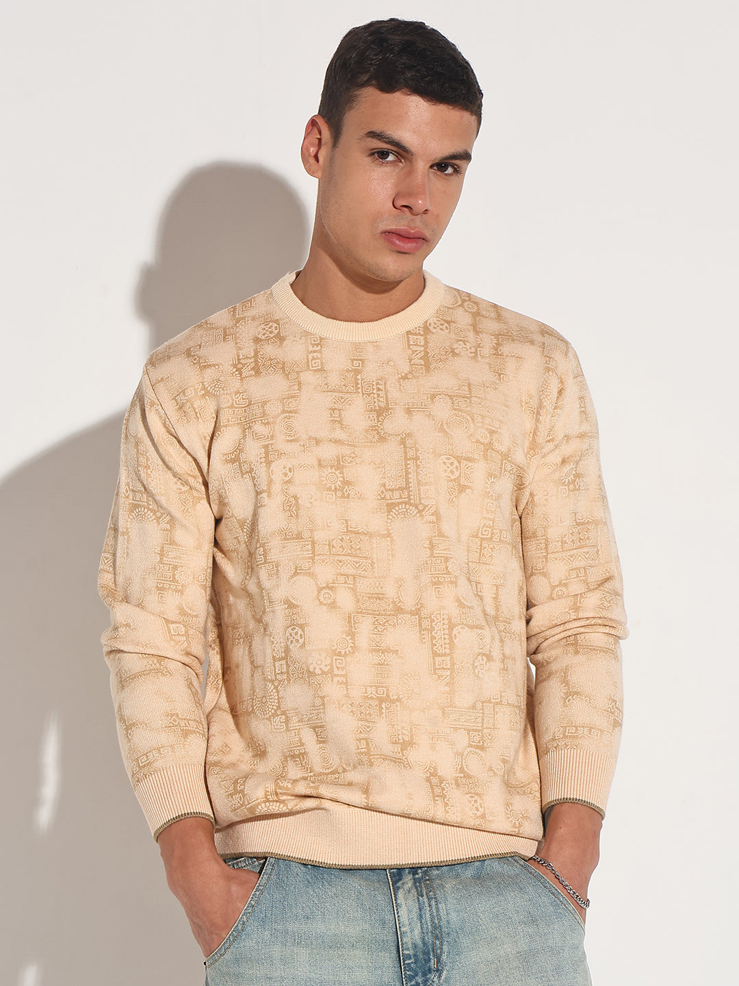 Men's Abstract Beige Ribbed Round Neck Sweater