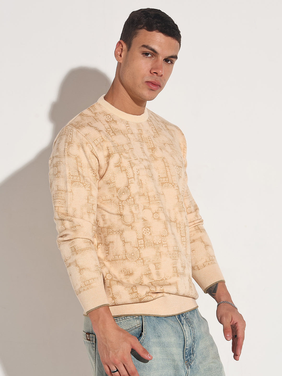 Men's Abstract Beige Ribbed Round Neck Sweater