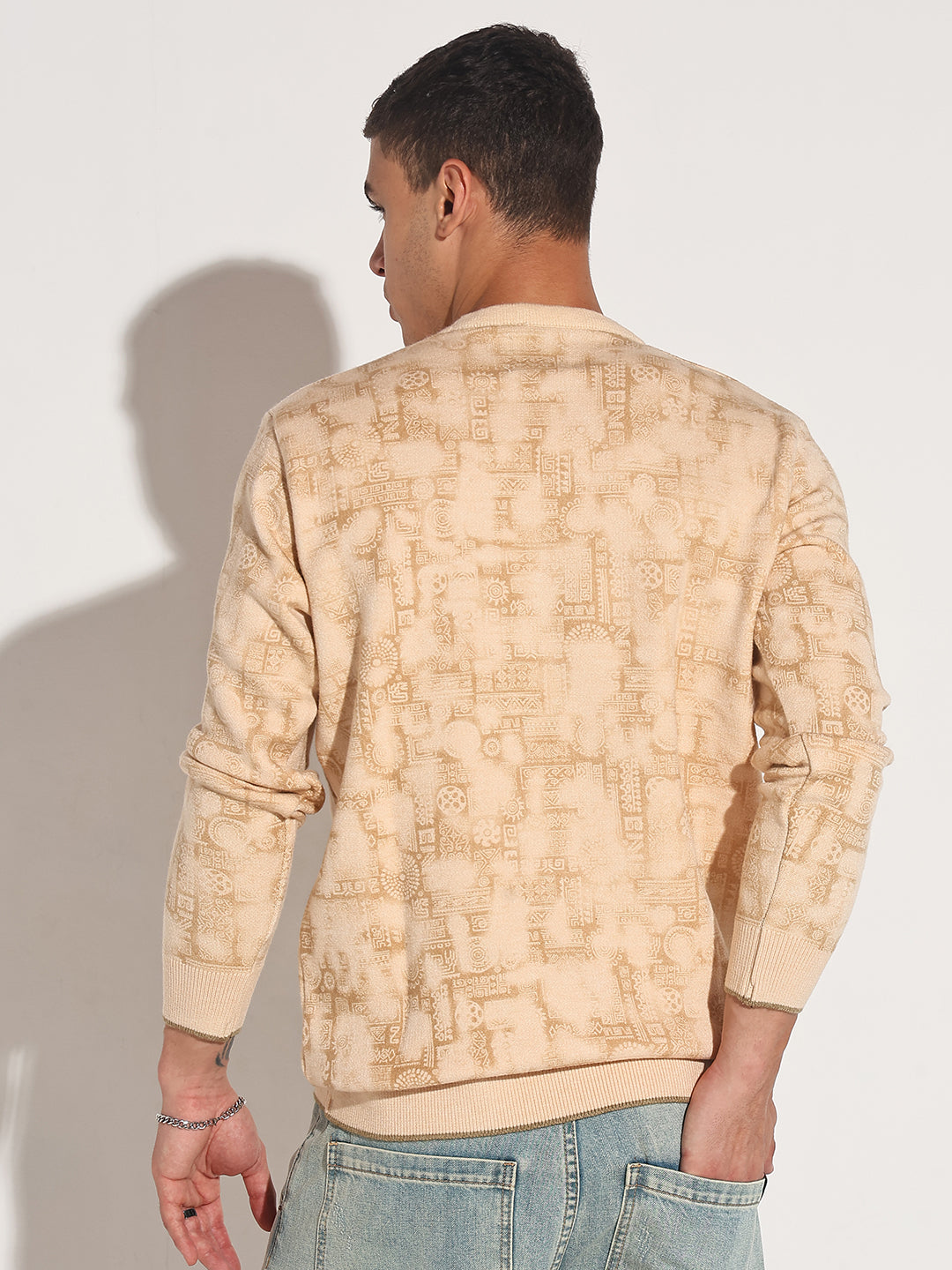 Men's Abstract Beige Ribbed Round Neck Sweater