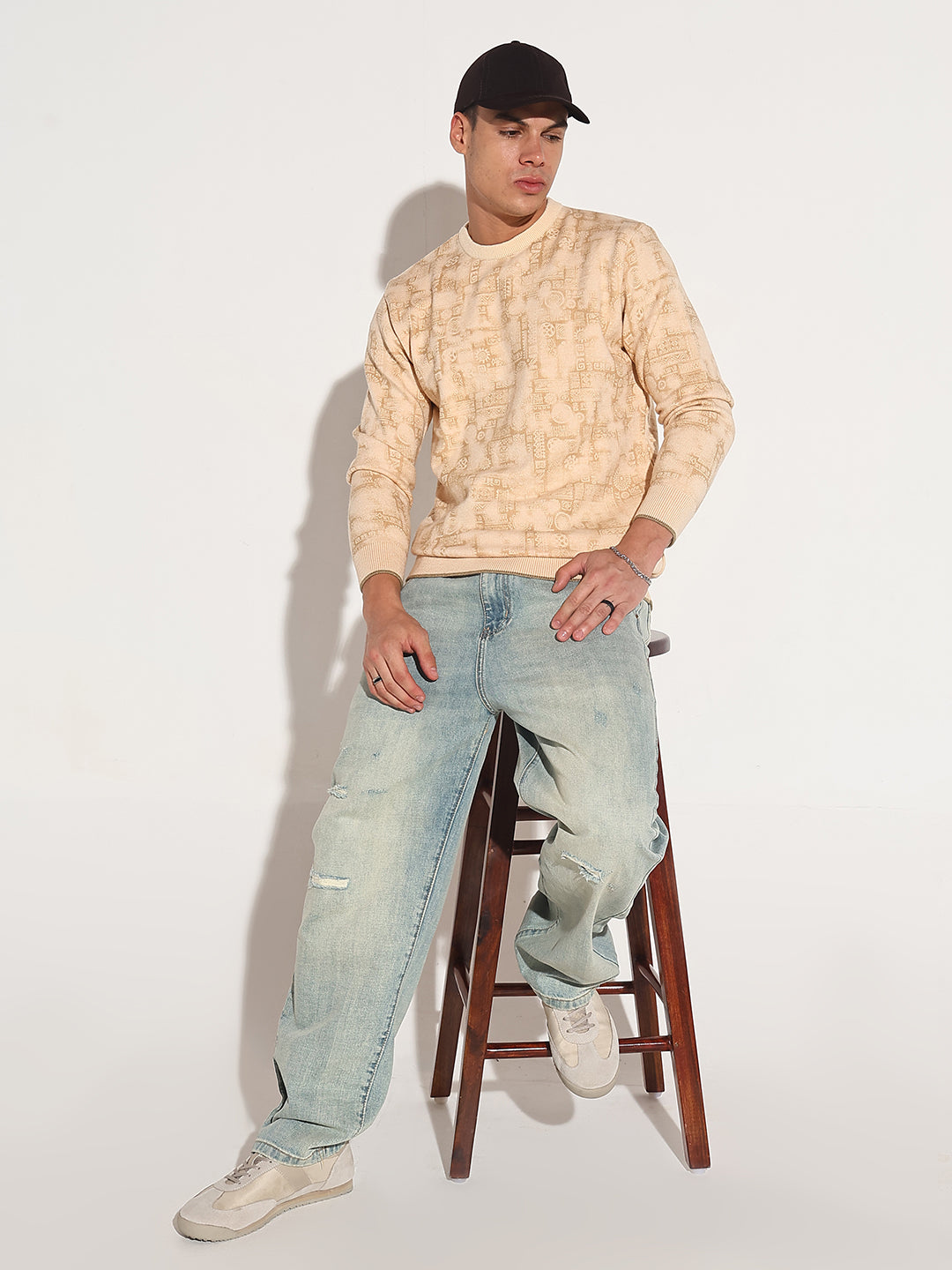 Men's Abstract Beige Ribbed Round Neck Sweater