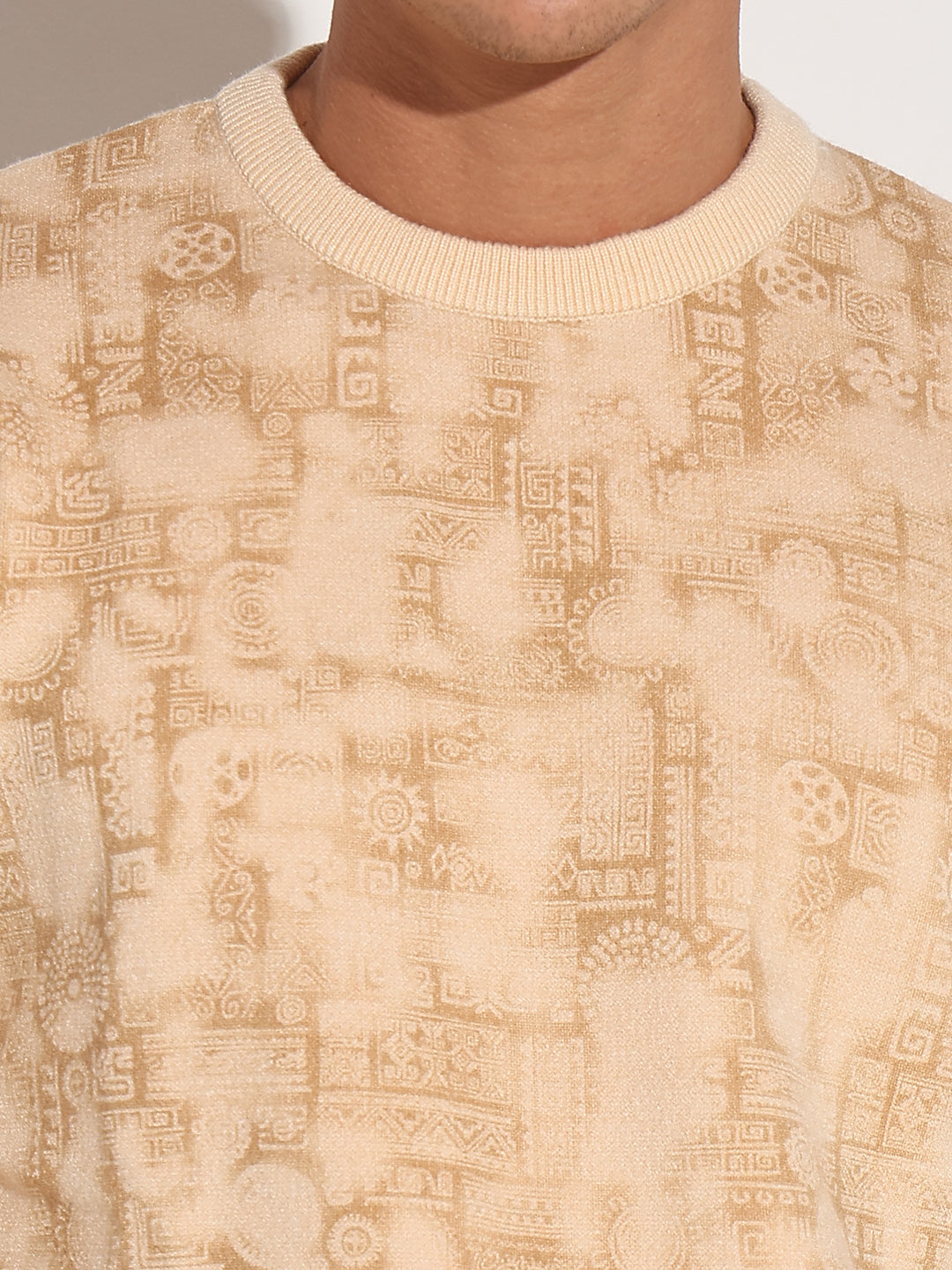 Men's Abstract Beige Ribbed Round Neck Sweater