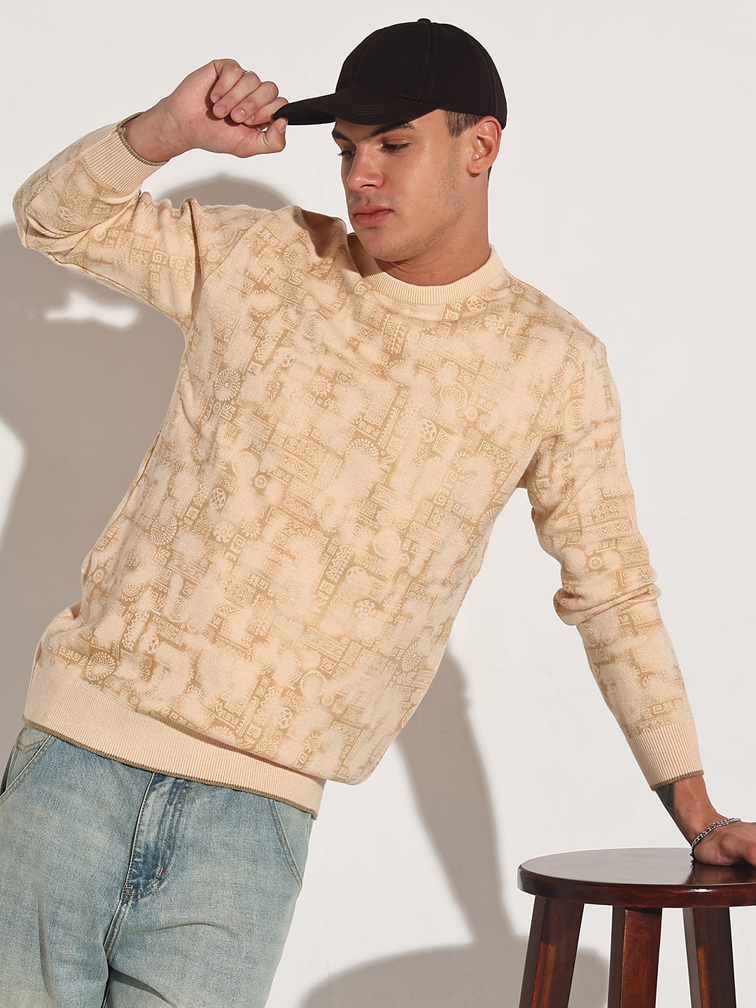Men's Abstract Beige Ribbed Round Neck Sweater