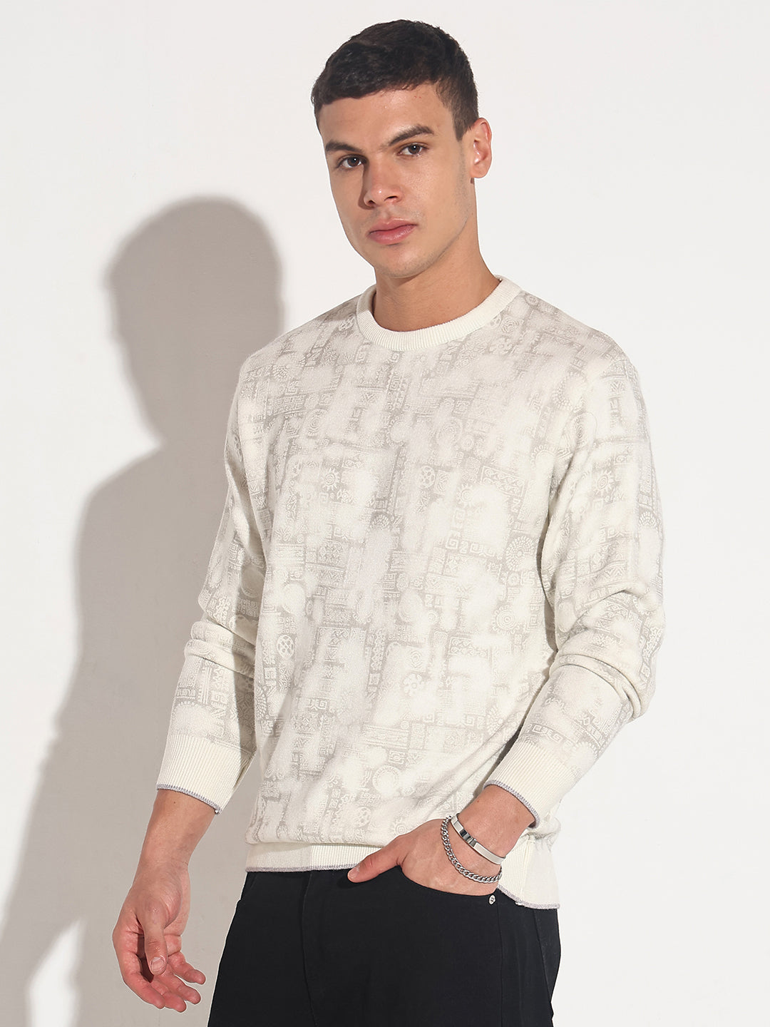 Men's Abstract Cream Ribbed Round Neck Sweater