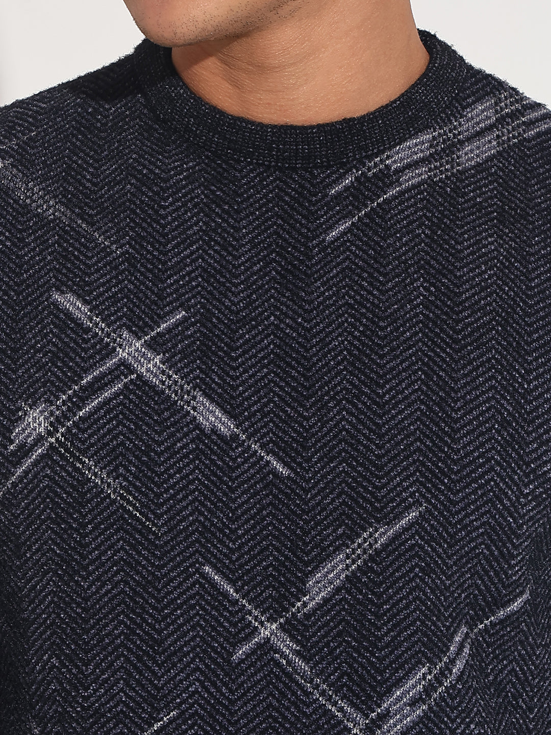 Men's Abstract Navy Blue Ribbed Round Neck Sweater