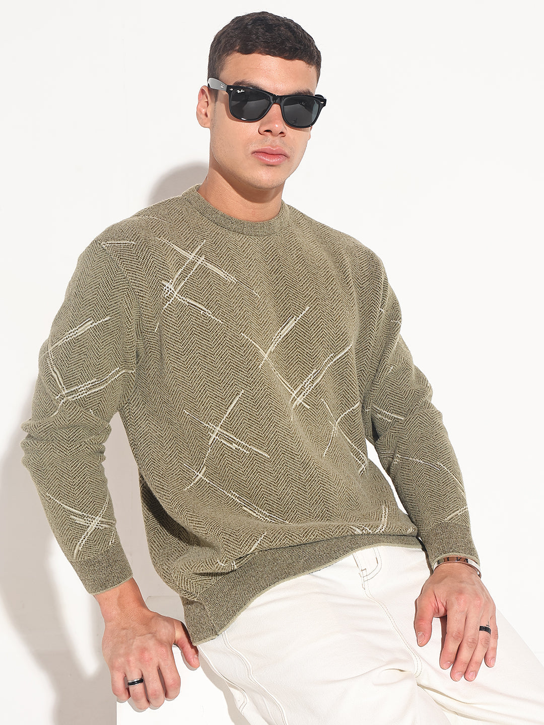 Men's Abstract Olive Ribbed Round Neck Sweater