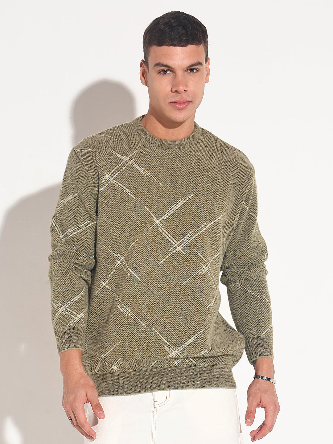 Men's Abstract Olive Ribbed Round Neck Sweater