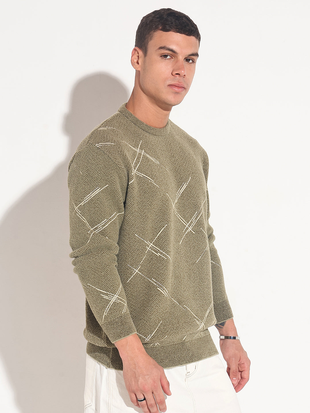 Men's Abstract Olive Ribbed Round Neck Sweater