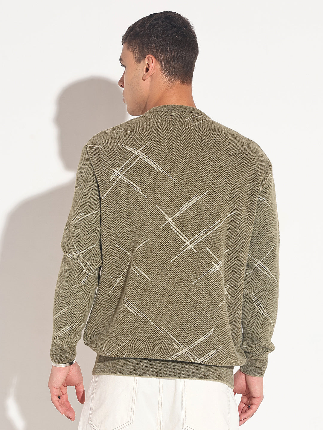 Men's Abstract Olive Ribbed Round Neck Sweater