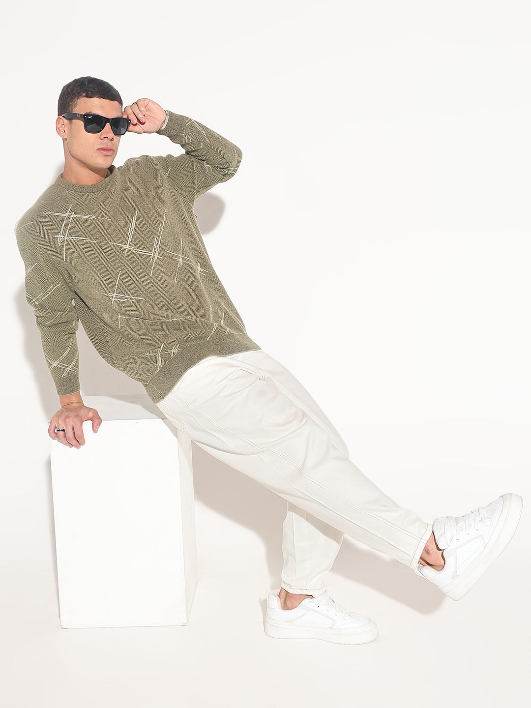 Men's Abstract Olive Ribbed Round Neck Sweater