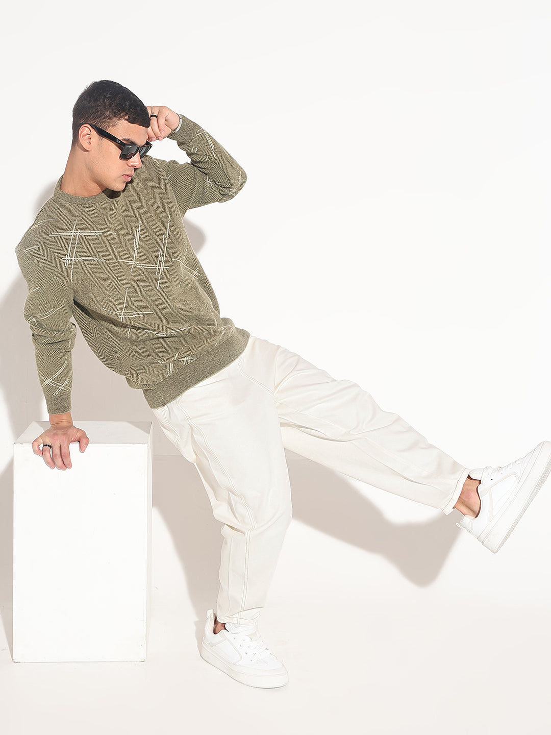 Men's Abstract Olive Ribbed Round Neck Sweater