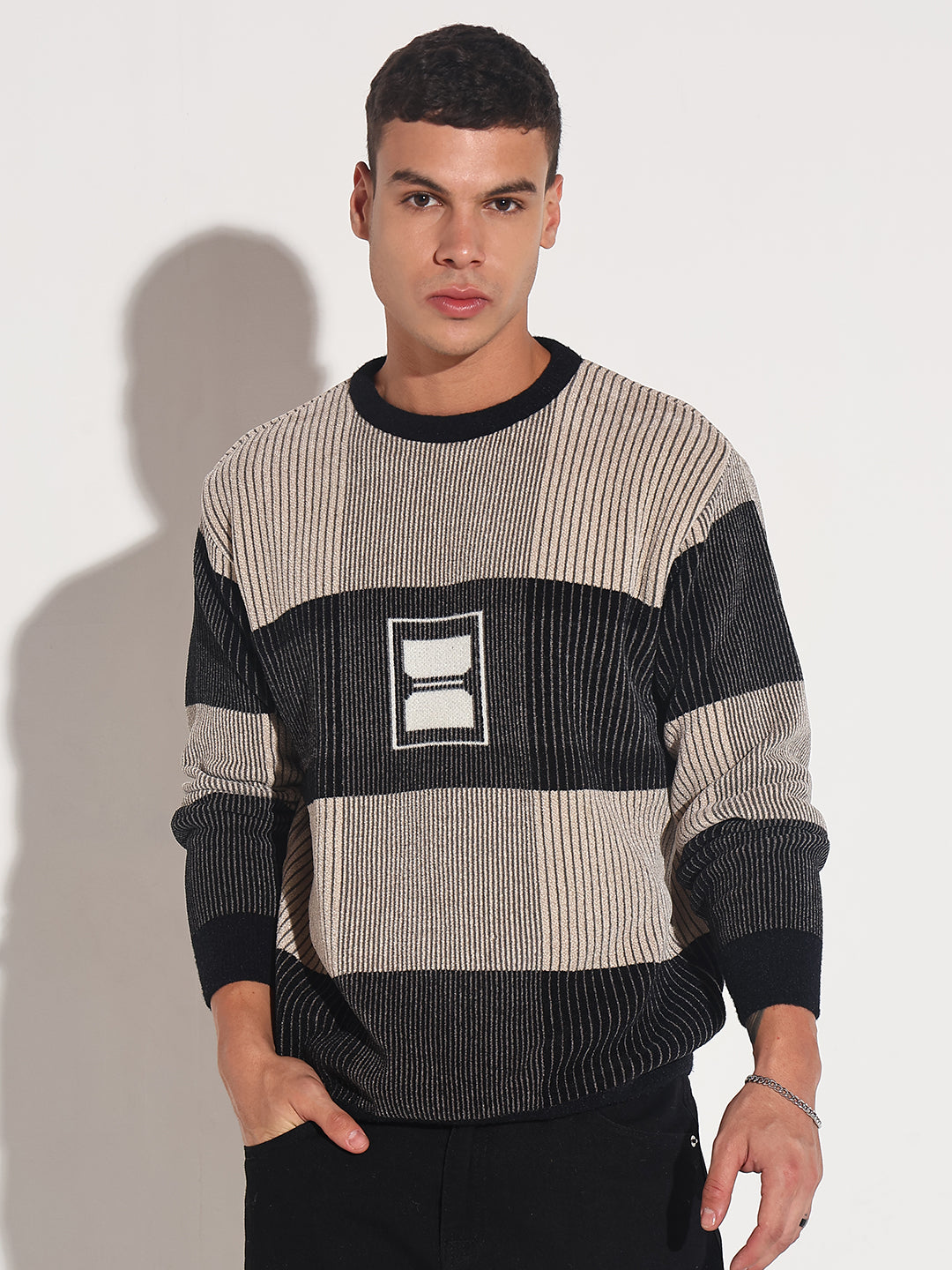 Men's Striped Black Ribbed Round Neck Sweater