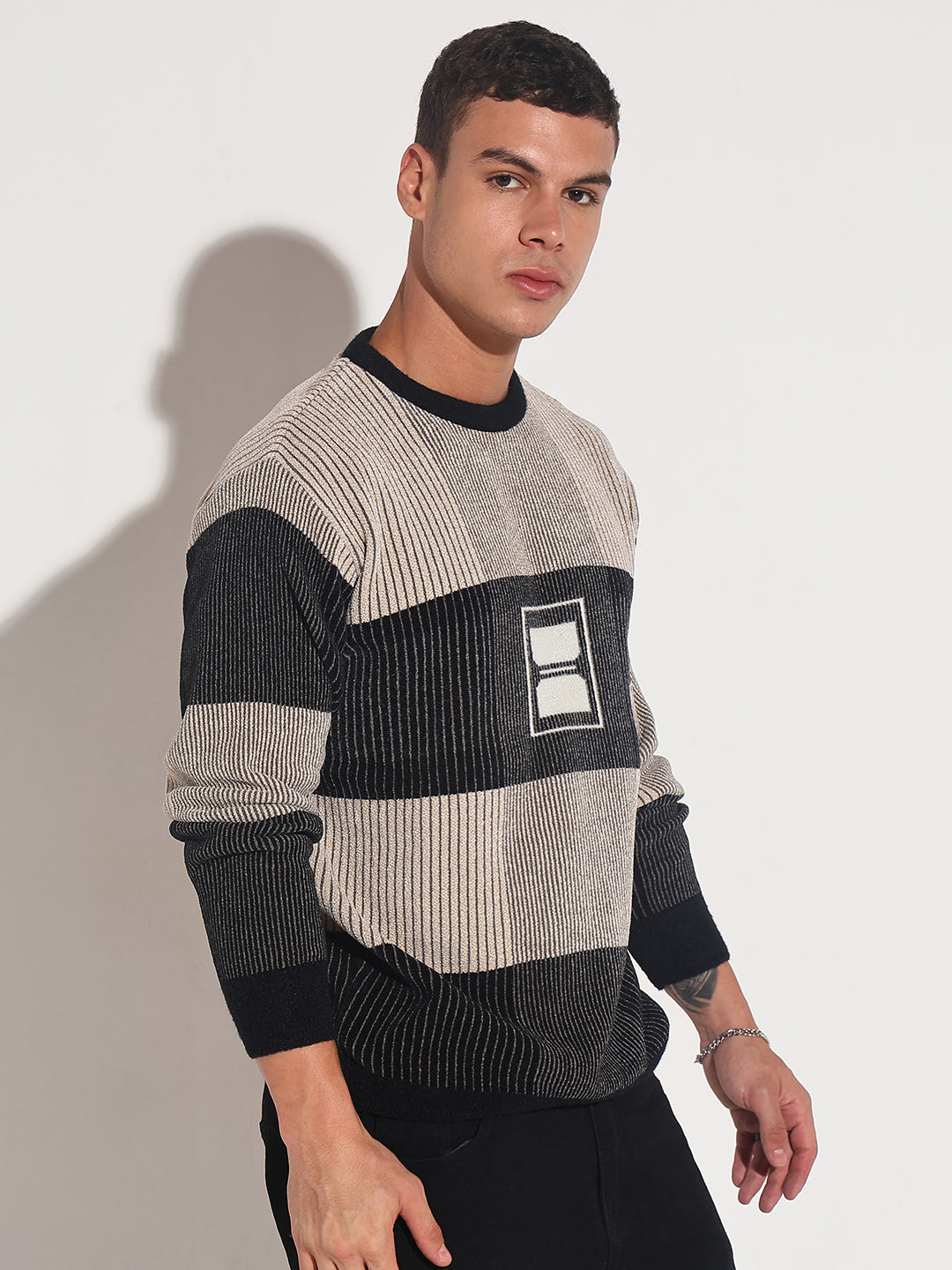 Men's Striped Black Ribbed Round Neck Sweater