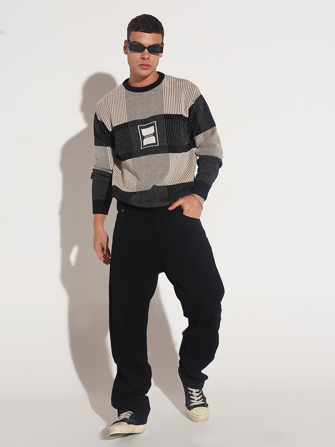 Men's Striped Black Ribbed Round Neck Sweater