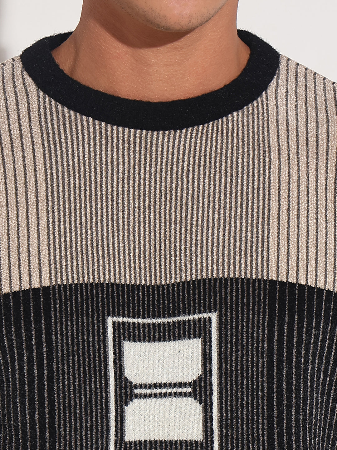 Men's Striped Black Ribbed Round Neck Sweater