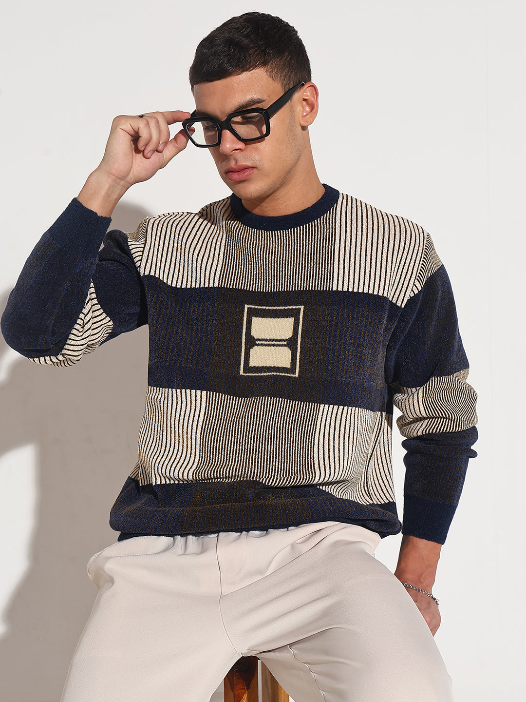 Men's Striped Navy Blue Ribbed Round Neck Sweater