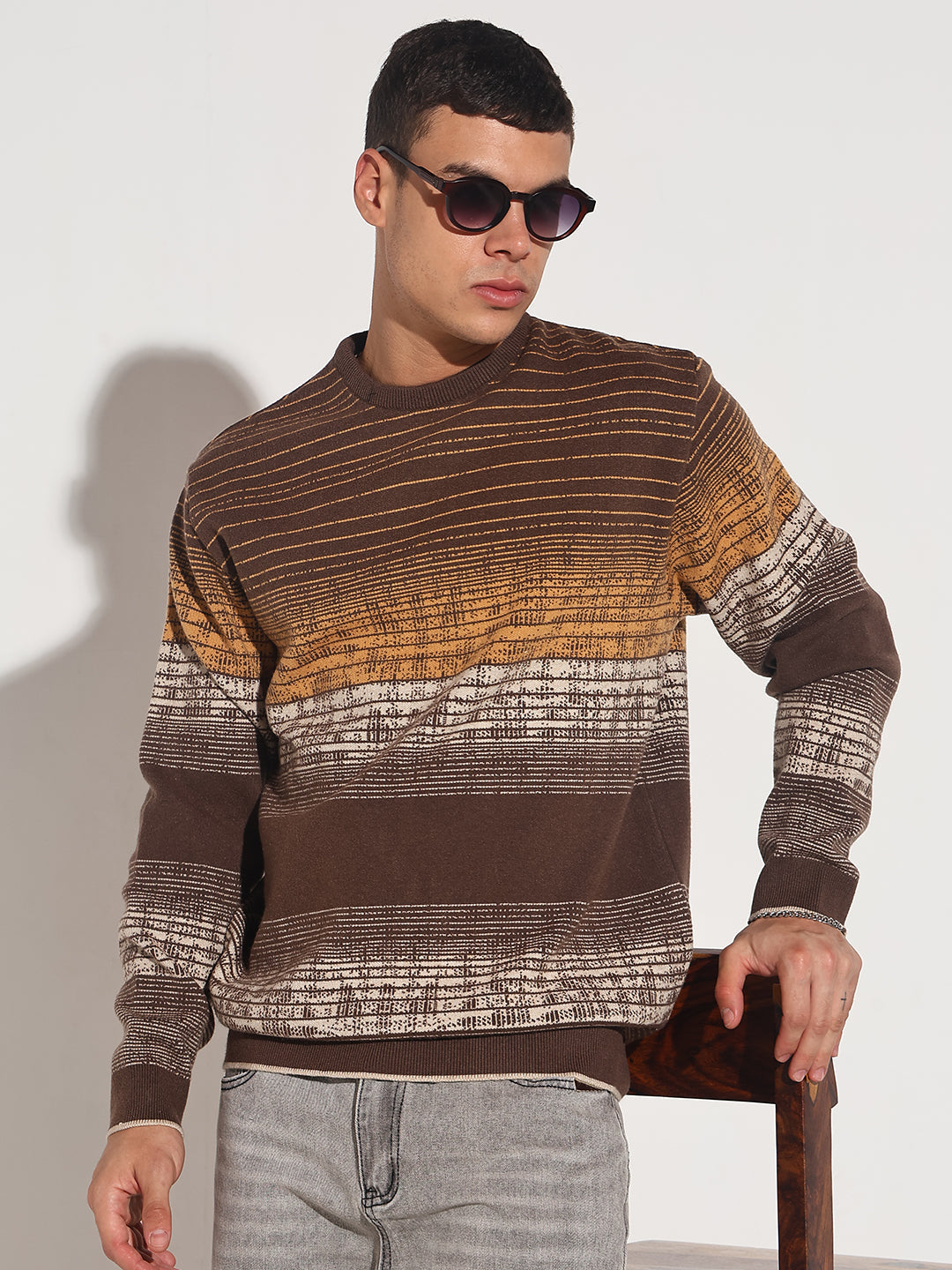 Men's Striped Brown Gradient Ribbed Round Neck Sweater