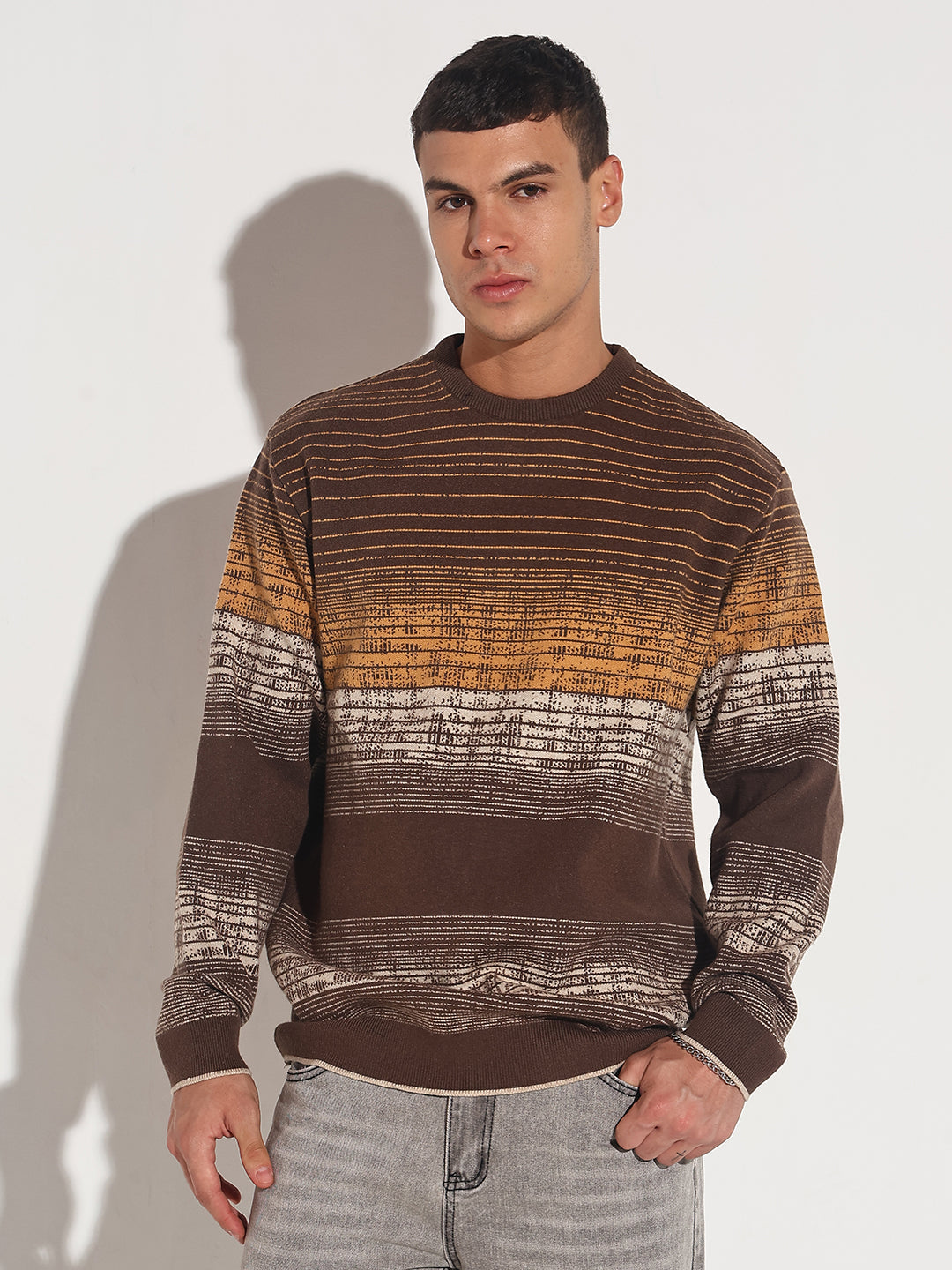 Men's Striped Brown Gradient Ribbed Round Neck Sweater