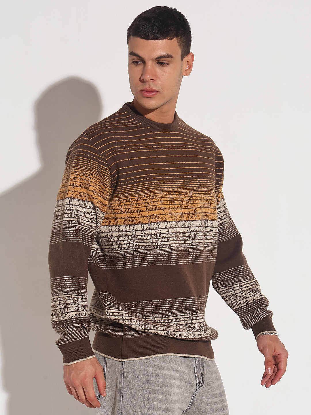 Men's Striped Brown Gradient Ribbed Round Neck Sweater
