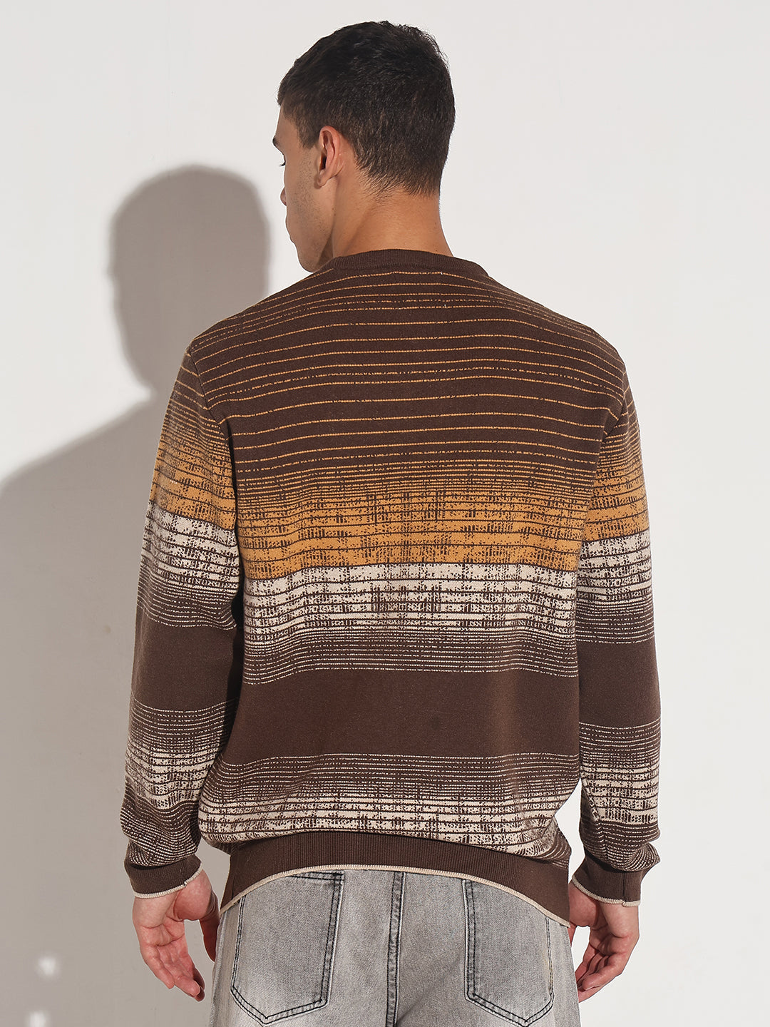 Men's Striped Brown Gradient Ribbed Round Neck Sweater