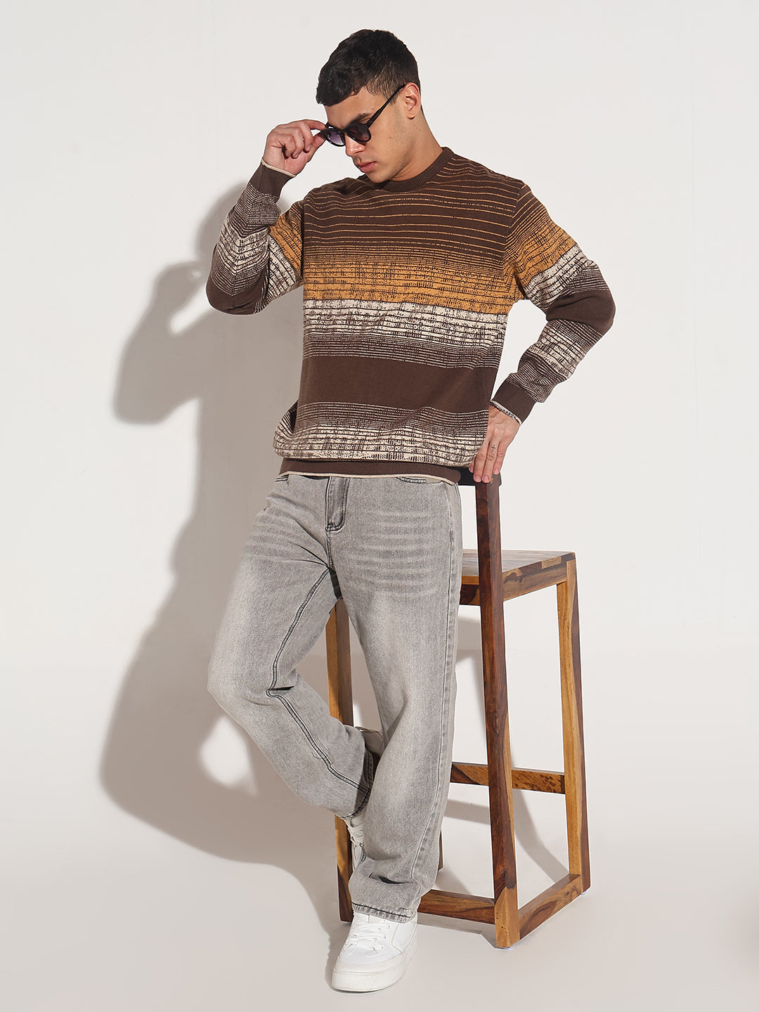 Men's Striped Brown Gradient Ribbed Round Neck Sweater