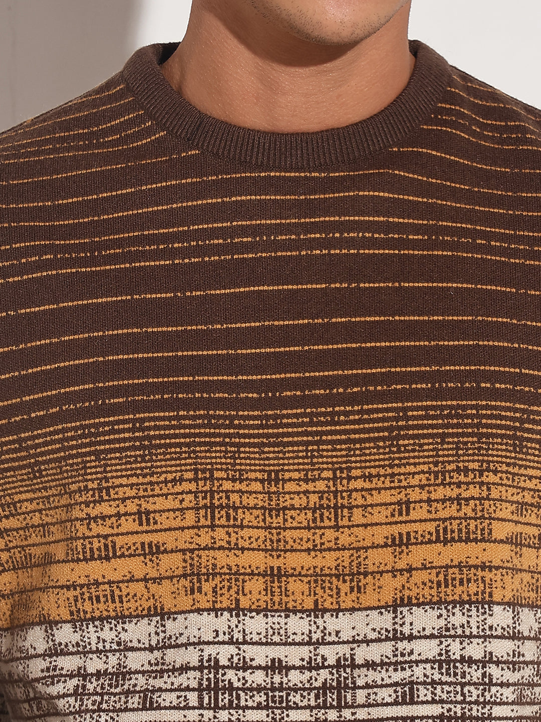 Men's Striped Brown Gradient Ribbed Round Neck Sweater