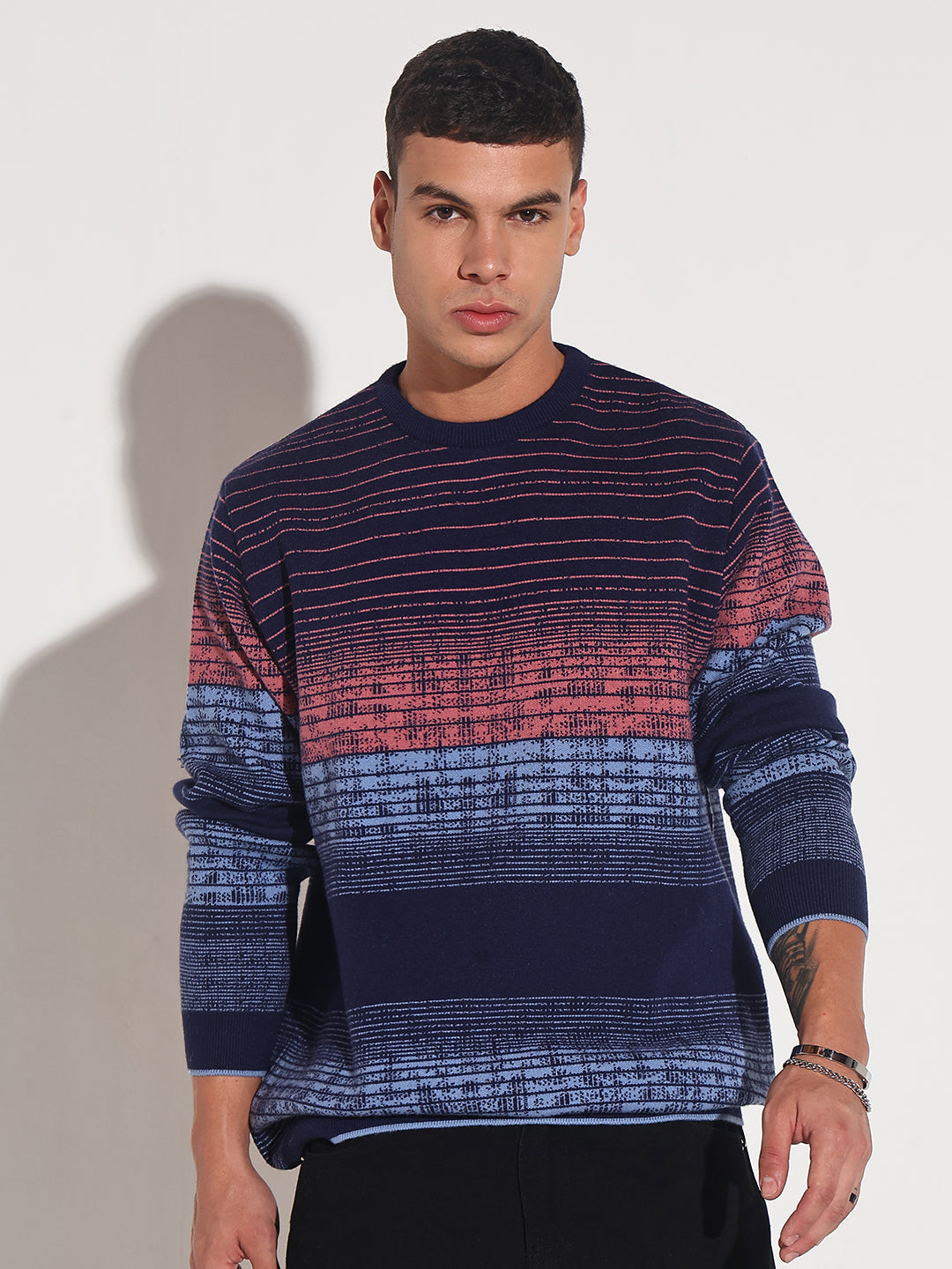 Men's Striped Blue Gradient Ribbed Round Neck Sweater
