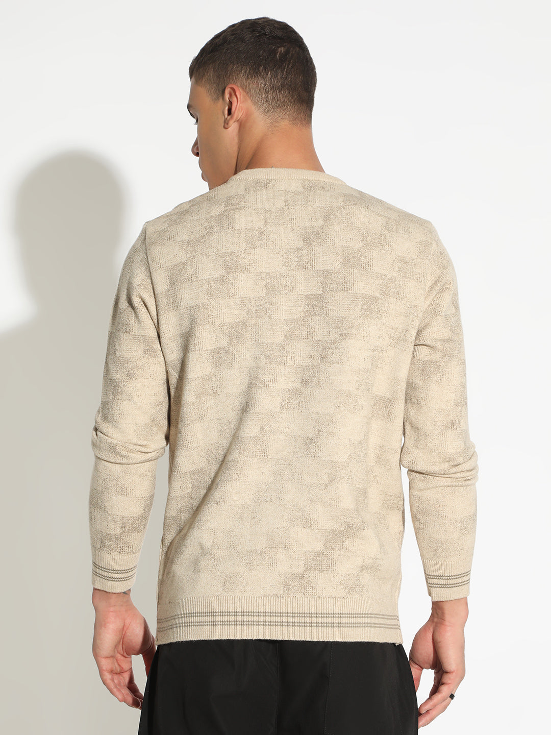 Men's Geometric Beige Ribbed Round Neck Sweater