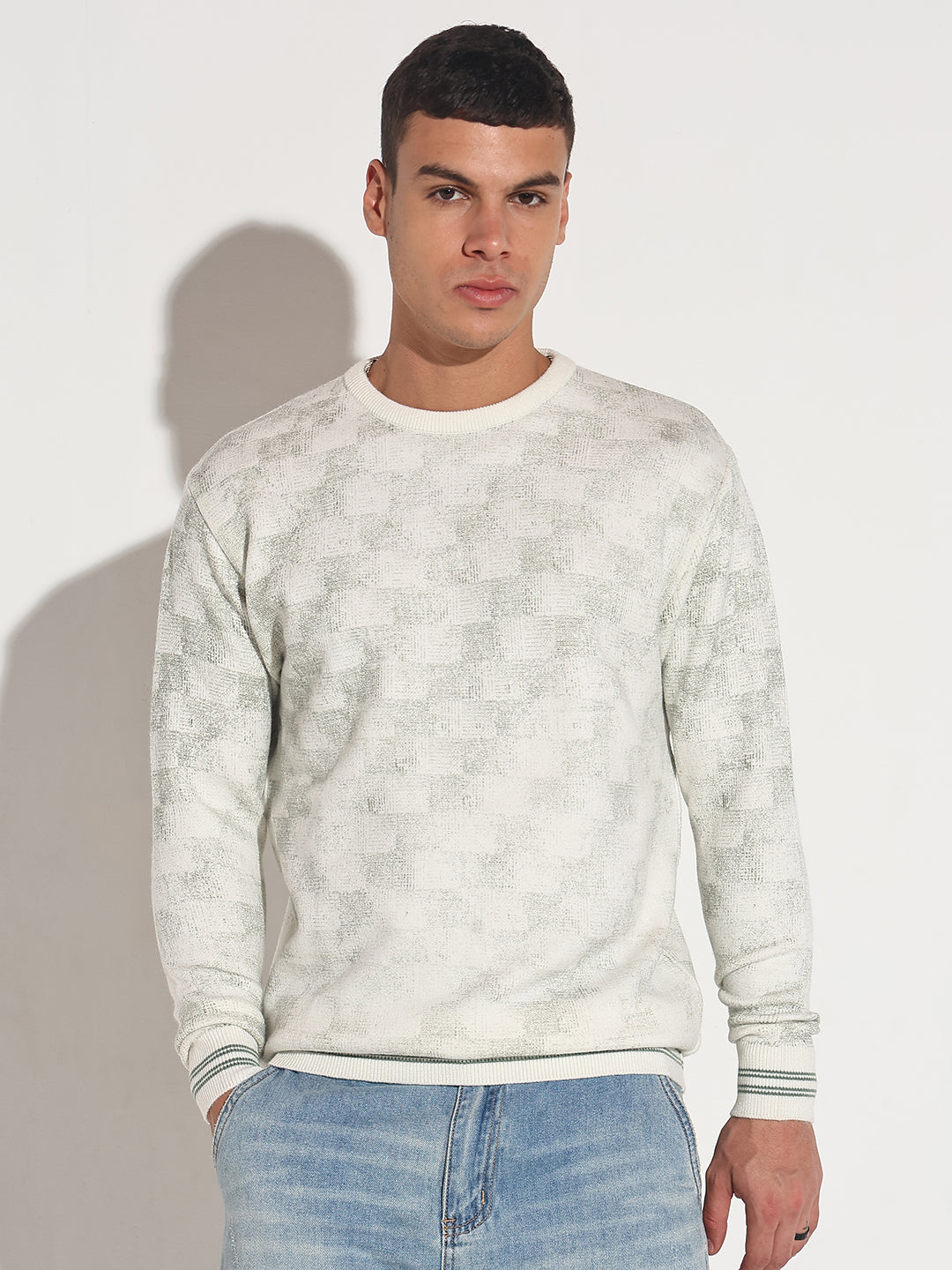 Men's Geometric White Ribbed Round Neck Sweater