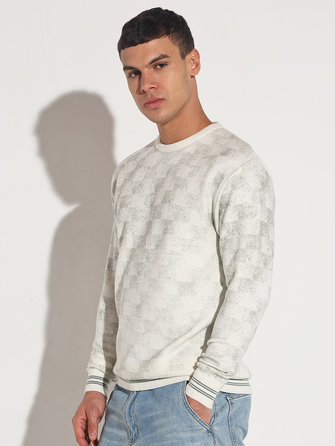 Men's Geometric White Ribbed Round Neck Sweater