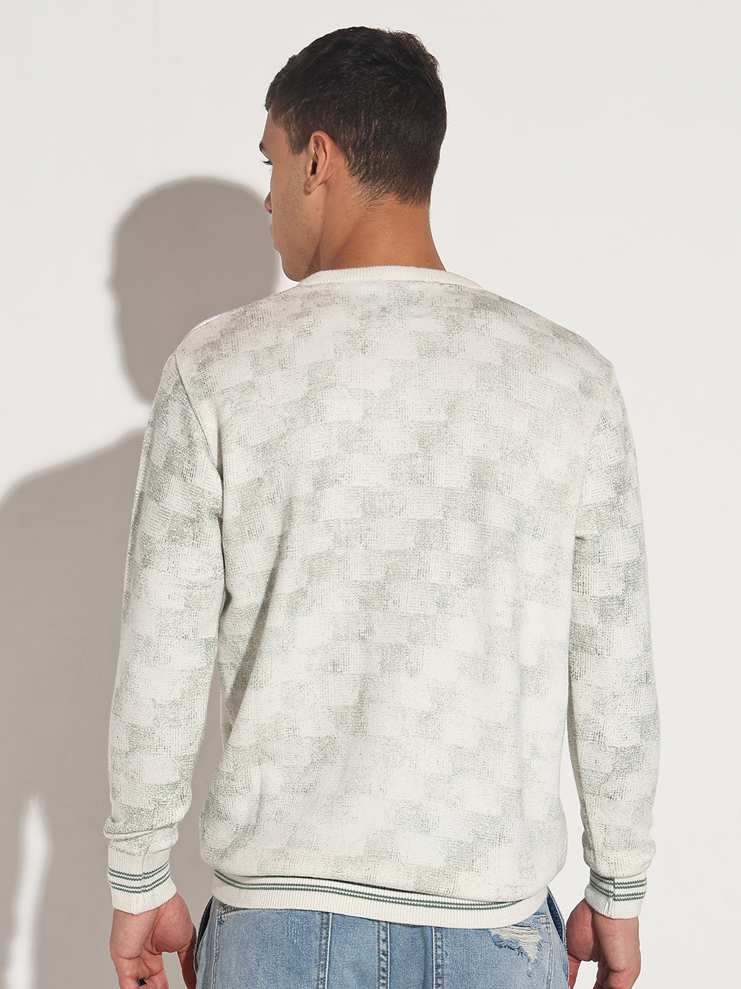 Men's Geometric White Ribbed Round Neck Sweater