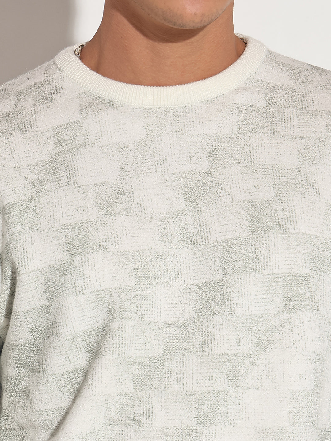Men's Geometric White Ribbed Round Neck Sweater