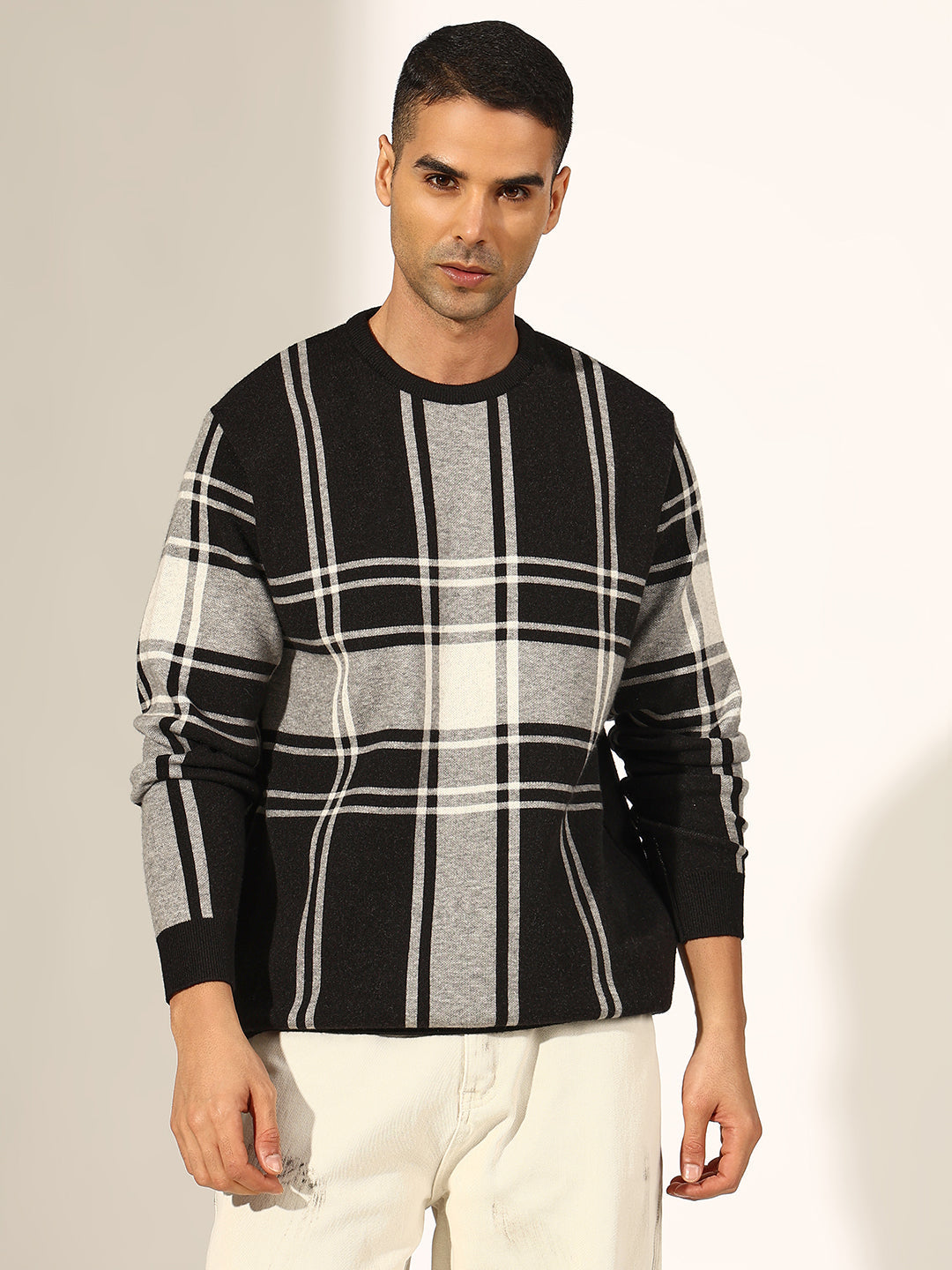 Men's Checked Black Ribbed Round Neck Sweater