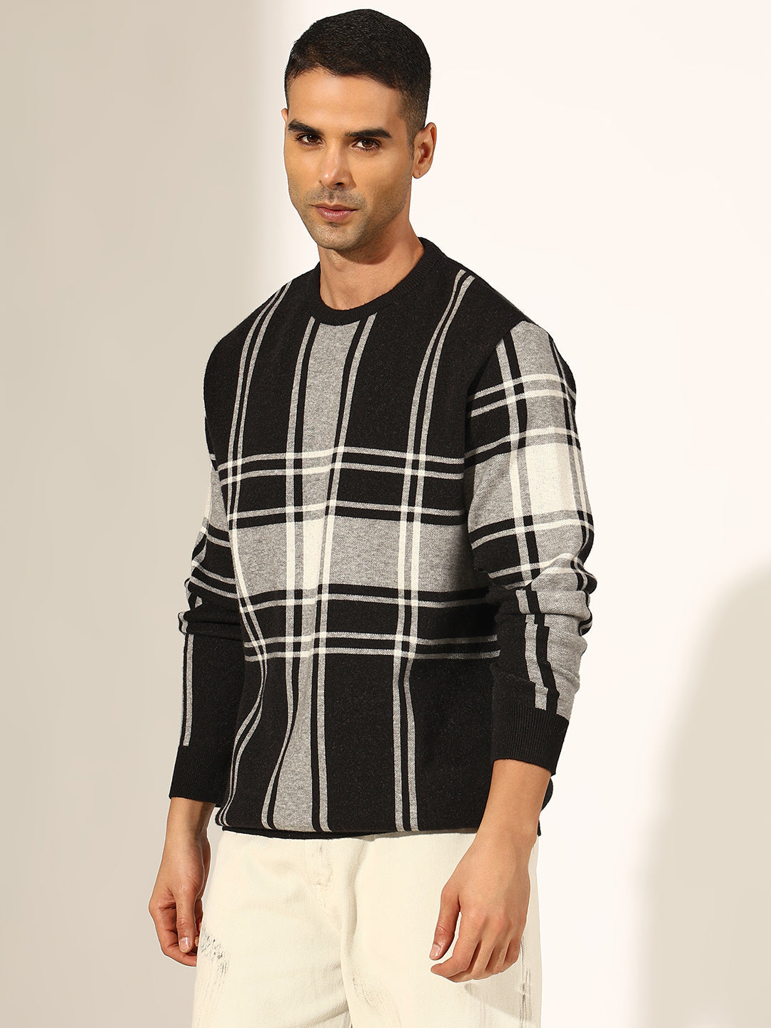 Men's Checked Black Ribbed Round Neck Sweater