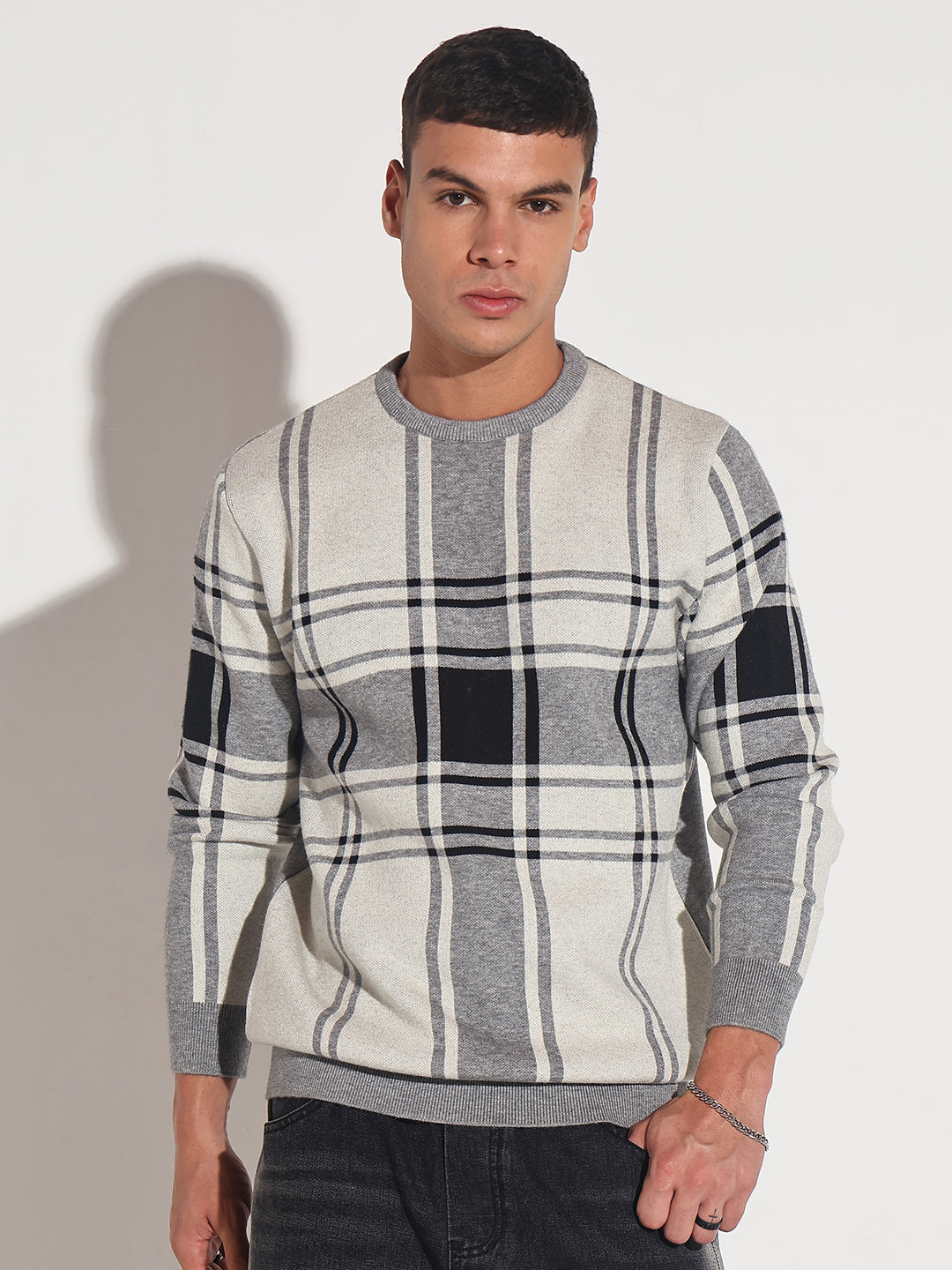 Men's Checked Grey Ribbed Round Neck Sweater