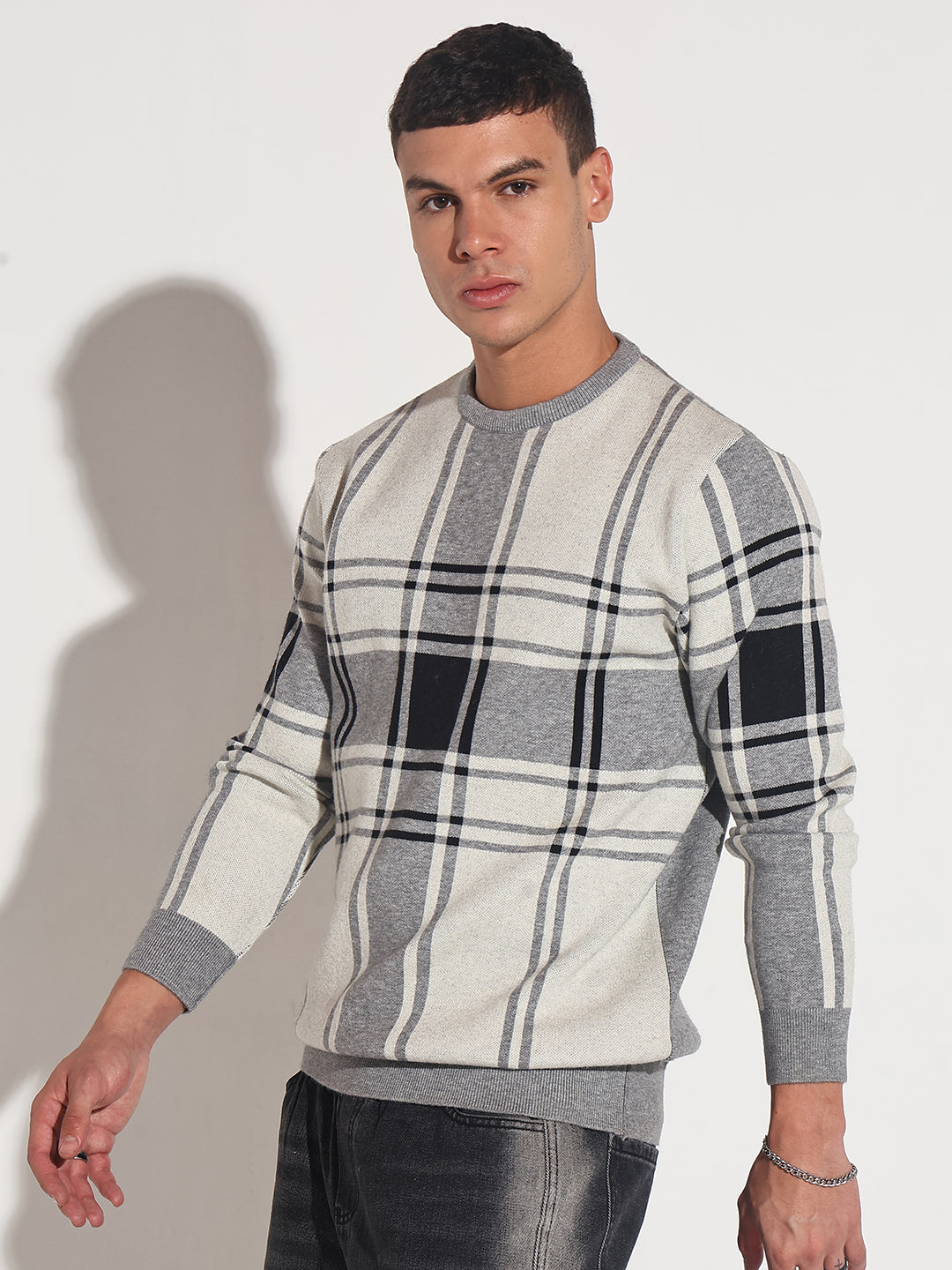 Men's Checked Grey Ribbed Round Neck Sweater