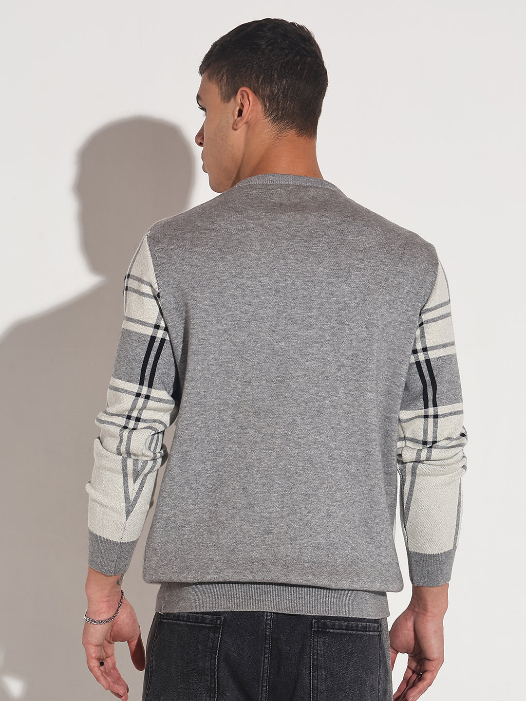 Men's Checked Grey Ribbed Round Neck Sweater