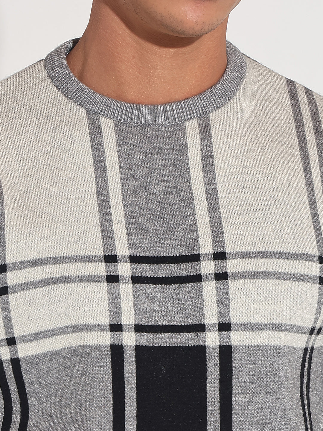 Men's Checked Grey Ribbed Round Neck Sweater
