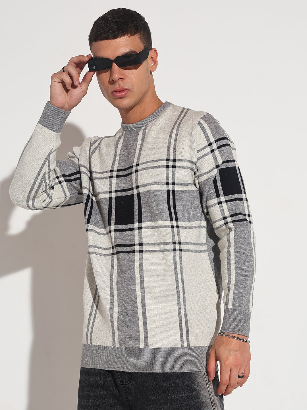 Men's Checked Grey Ribbed Round Neck Sweater