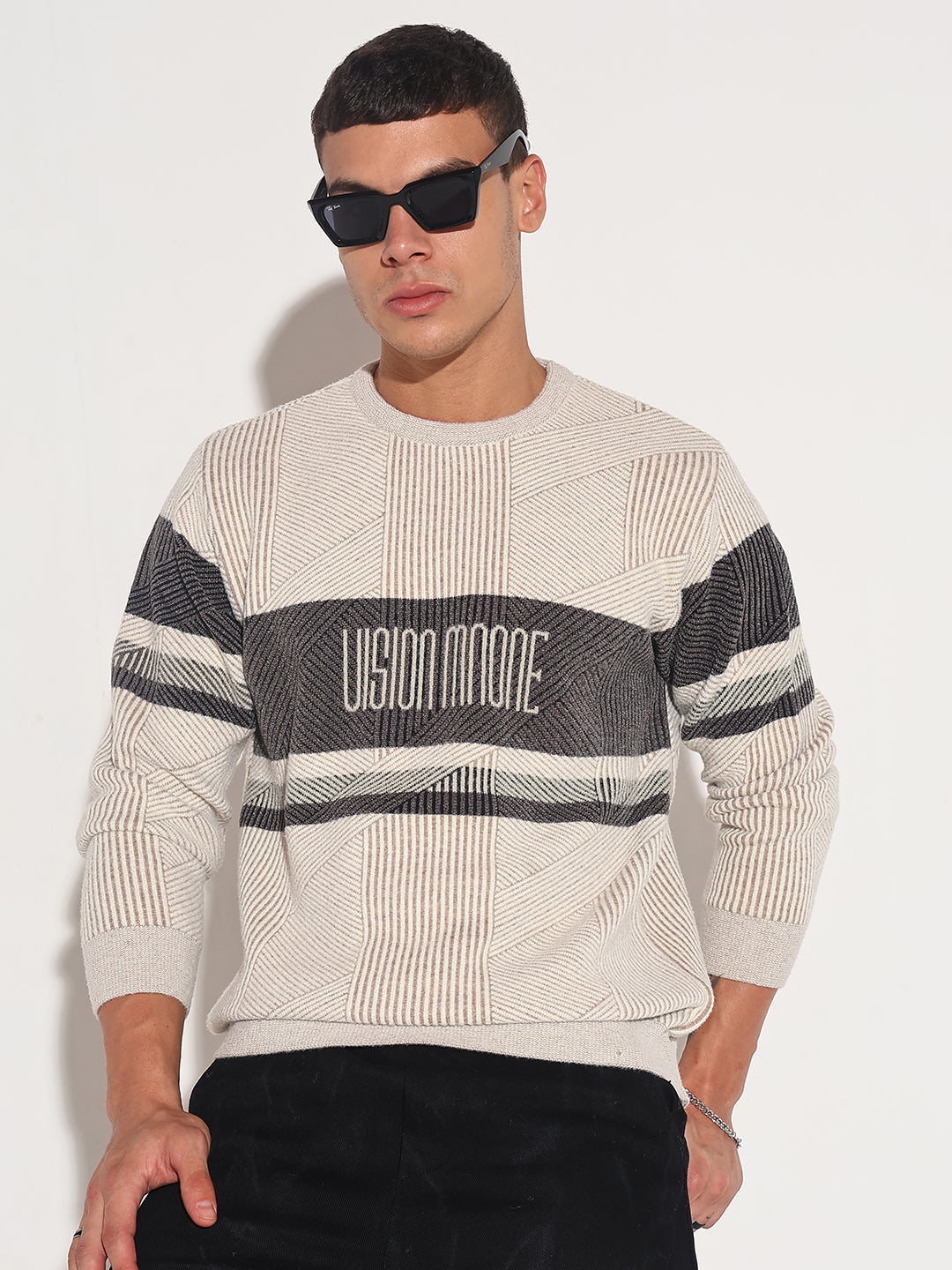 Men's Typography Cream Ribbed Round Neck Sweater