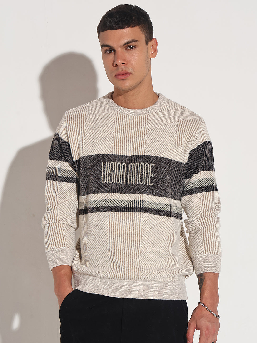 Men's Typography Cream Ribbed Round Neck Sweater