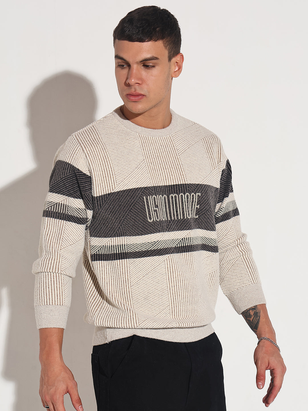 Men's Typography Cream Ribbed Round Neck Sweater