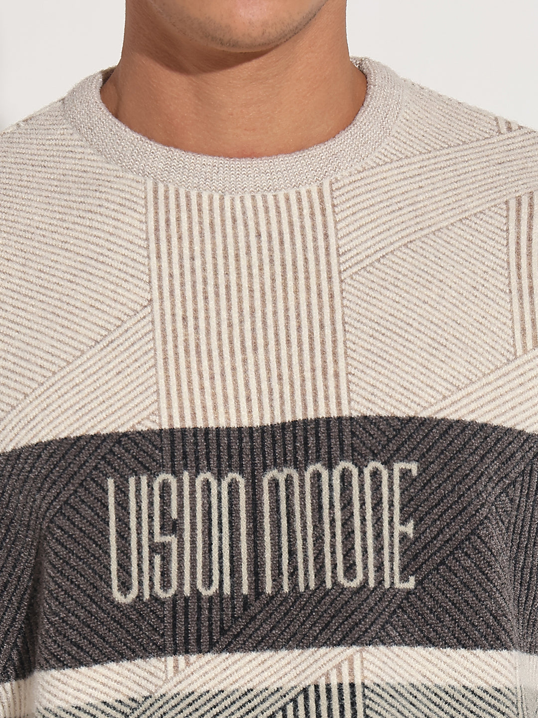 Men's Typography Cream Ribbed Round Neck Sweater