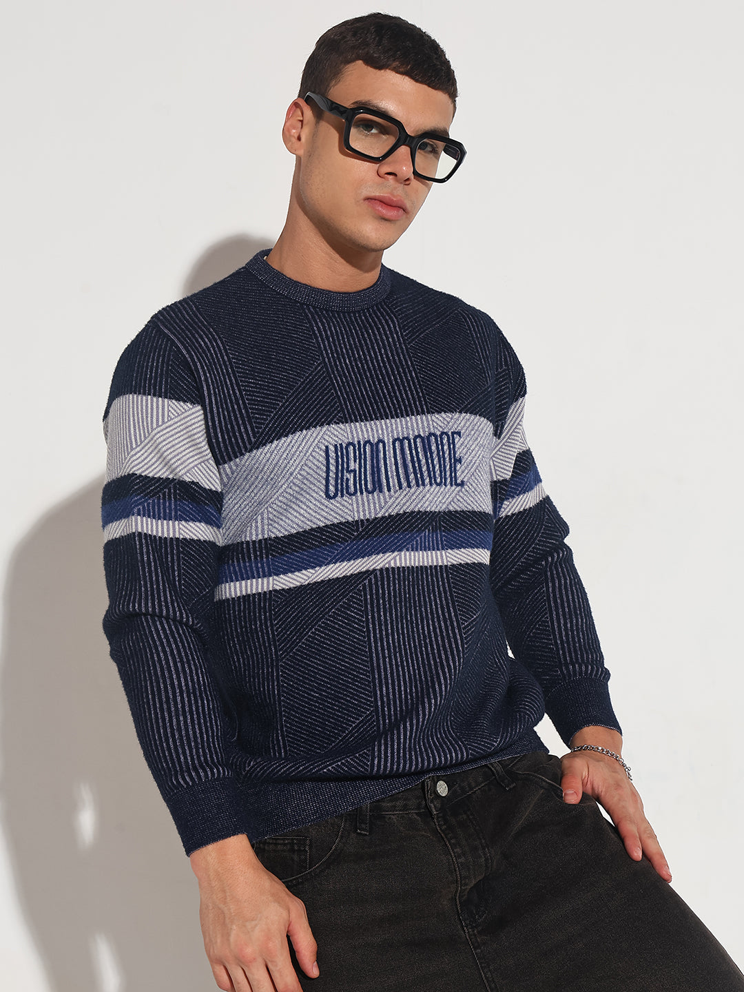 Men's Typography Navy Blue Ribbed Round Neck Sweater
