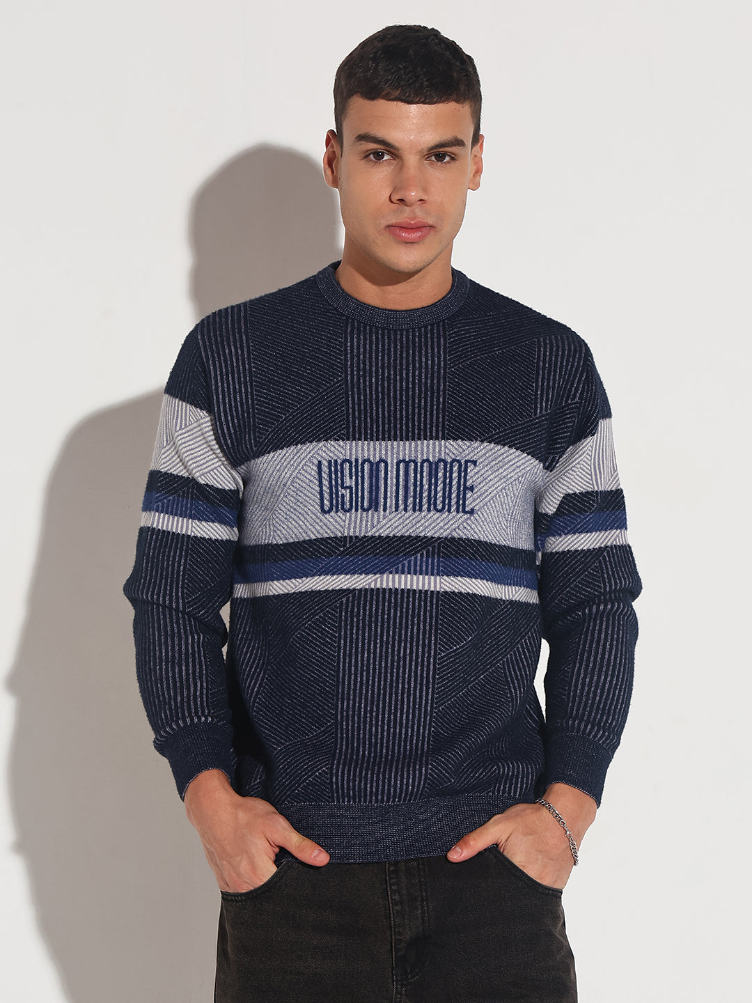 Men's Typography Navy Blue Ribbed Round Neck Sweater