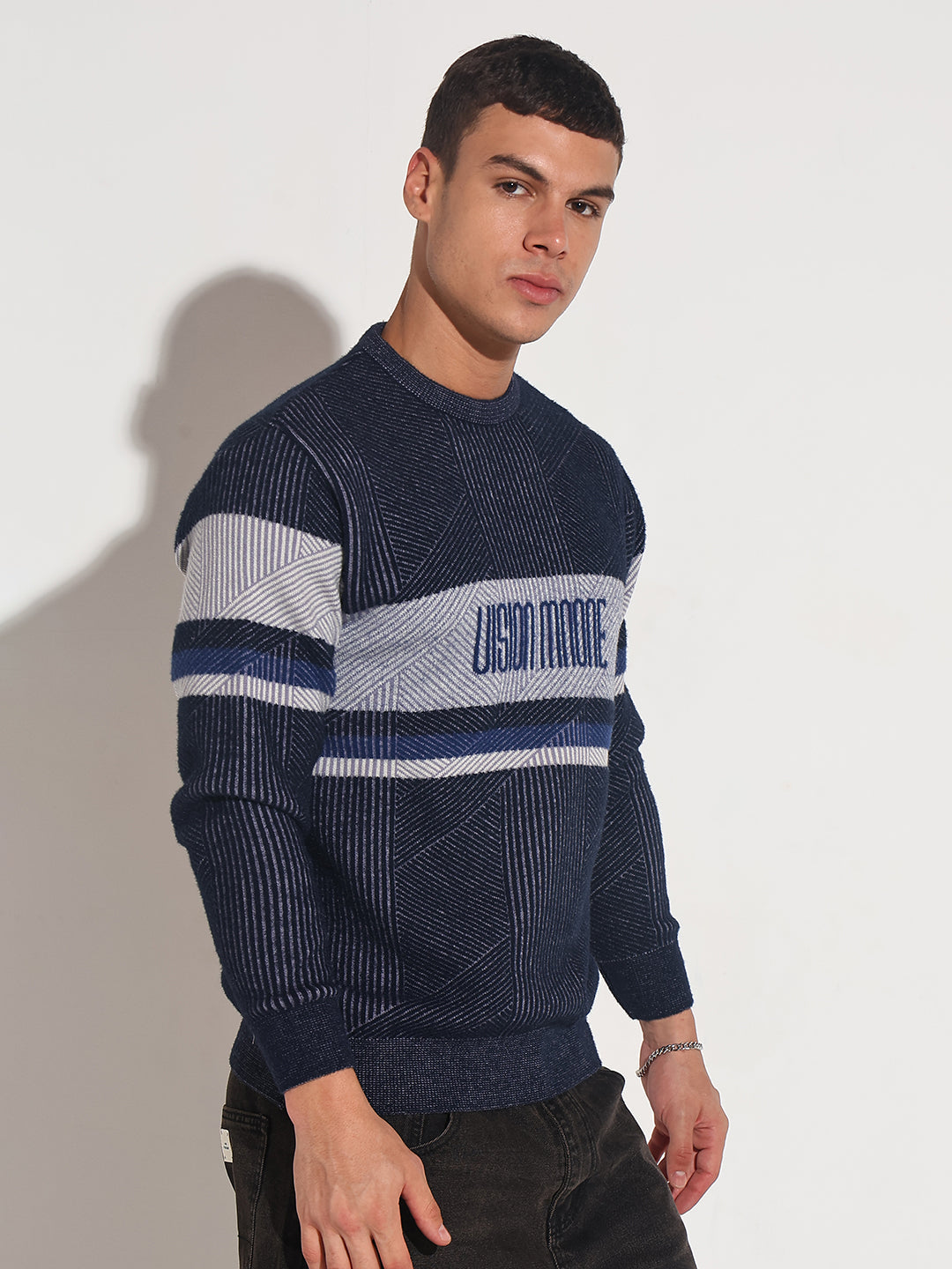 Men's Typography Navy Blue Ribbed Round Neck Sweater