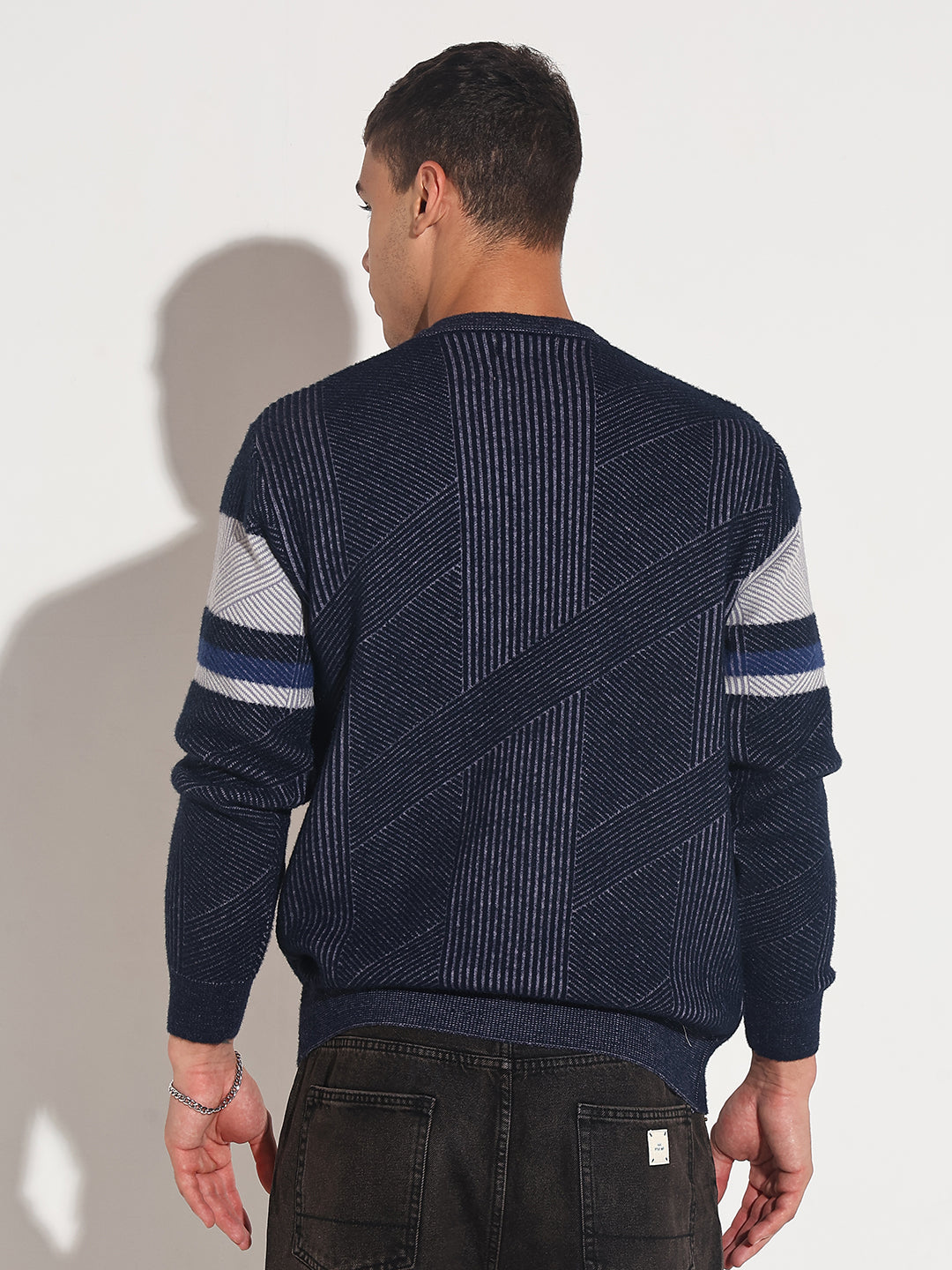 Men's Typography Navy Blue Ribbed Round Neck Sweater