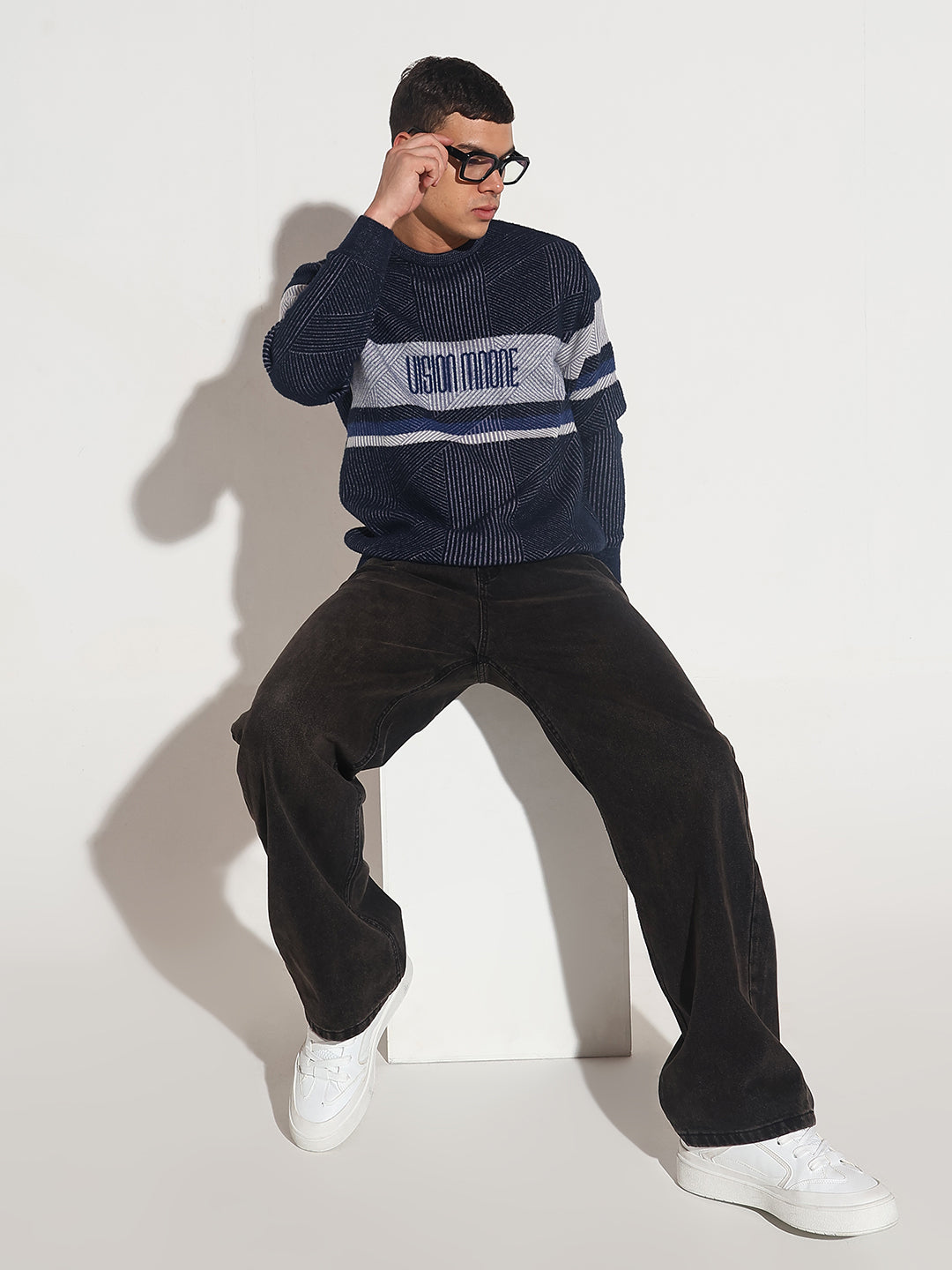 Men's Typography Navy Blue Ribbed Round Neck Sweater