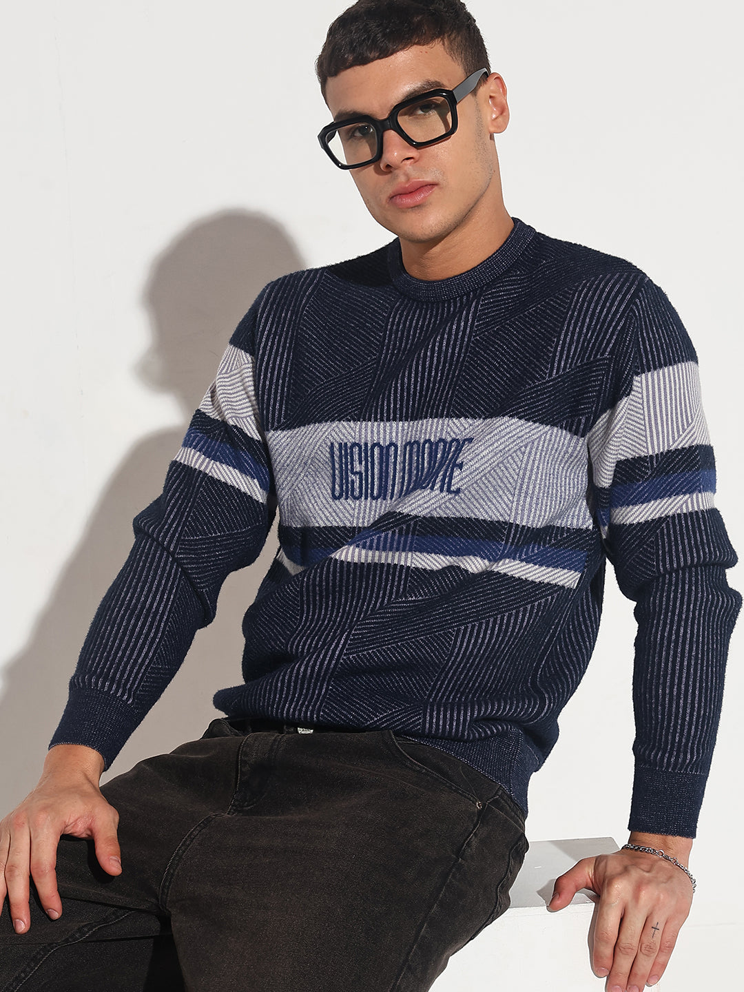 Men's Typography Navy Blue Ribbed Round Neck Sweater