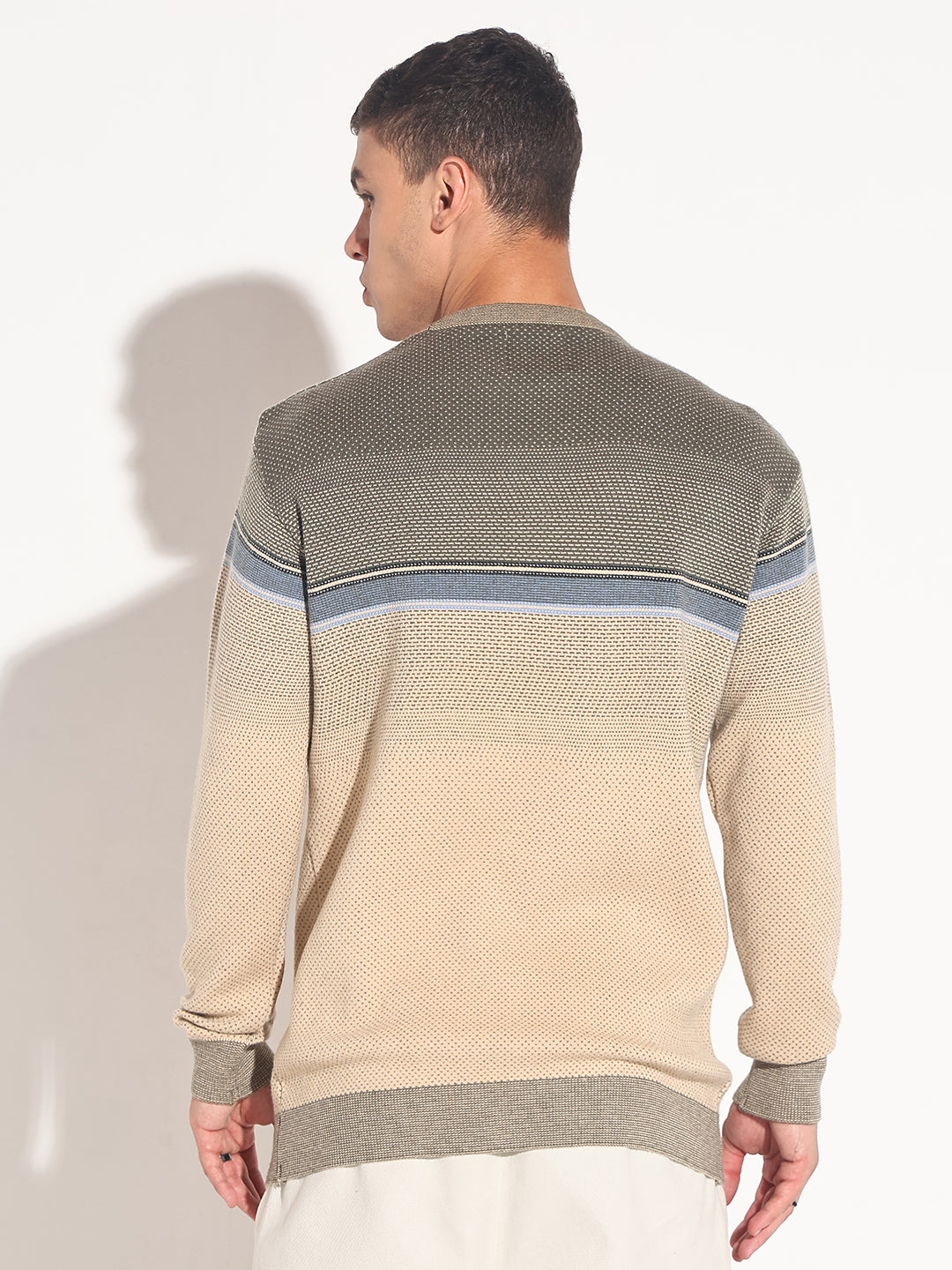 Men's Colourblocked Beige Ribbed Round Neck Sweater